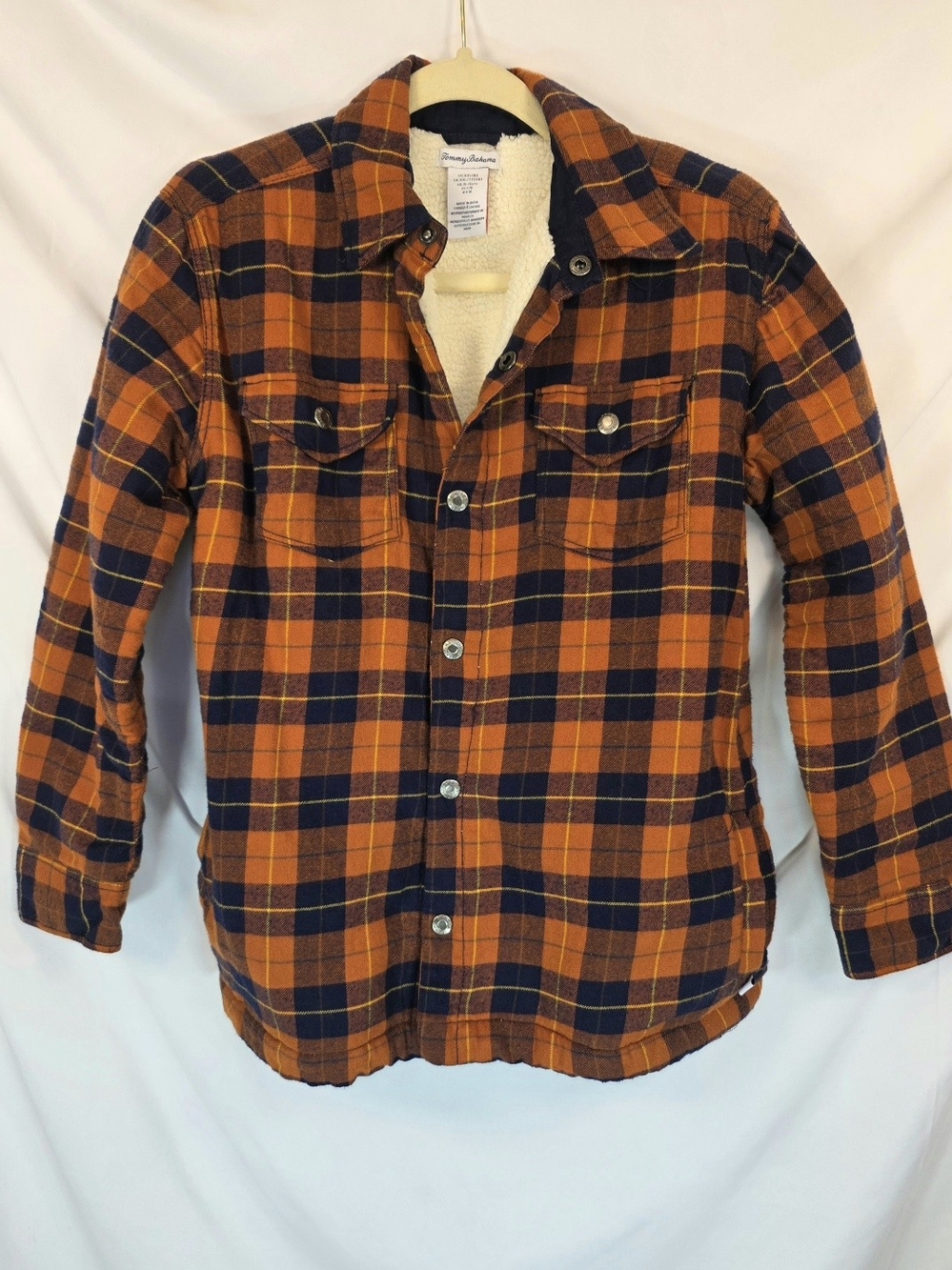Tommy Bahama Boys Sherpa Lined Flannel Plaid Shacket Orange Blue Outdoor Warm